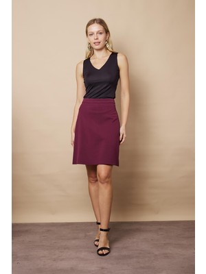 Yüksek Bel Hafif Likralı Kumaş Diz Boy Çan Etek-Mürdüm