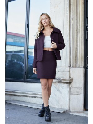 Kadın Hafif Likralı Kışlık Kaşe Yüksek Bel Diz Üstü Hafif Mini Kalem Etek(Boy 47CM)-MÜRDÜM