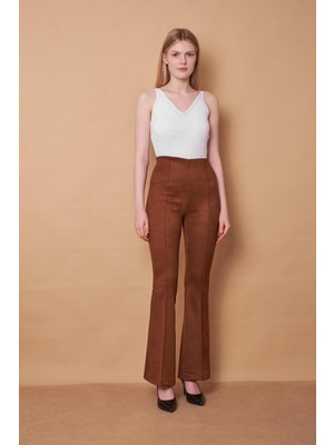 Süet Likralı Kumaş Yüksek Bel Ön Arka Dikişli Isanyol Paça Tayt Pantolon(Ceket Jument 30071)-KAHVE