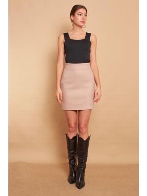 Kadın Hafif Likralı Kışlık Kaşe Yüksek Bel Diz Üstü Hafif Mini Kalem Etek(Boy 47CM)-BEJ