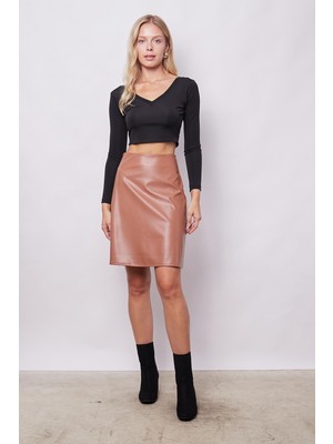 Kadın Hafif Likralı Deri Yüksek Bel Diz Boy Çan Etek-Camel