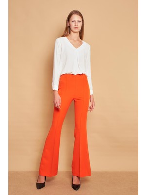 Yüksek Bel Ön Arka Dikişli Ispanyol Paça Tayt Likralı Kumaş Pantolon-Oranj