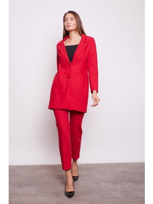 Yüksek Bel Yan Cepli Boru Paça Hafif Likralı Bilek Boy Kumaş Ofis Pantolon-Kırmızı