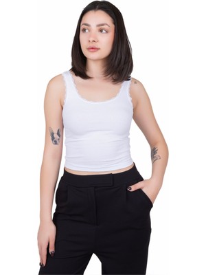 Looksense Kadın Kaşkorse Dantelli Kalın Askılı Crop 4004