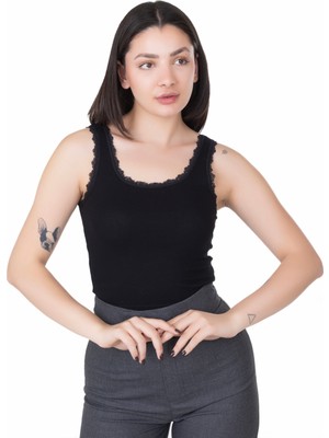 Looksense Kadın Kaşkorse Dantelli Kalın Askılı Crop 4004
