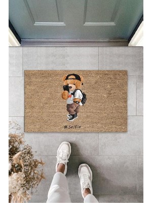 Dekoratif Dijital Selfie Çeken Ayıcık Bej Kapı Paspası Dış Mekan Paspas K-3168