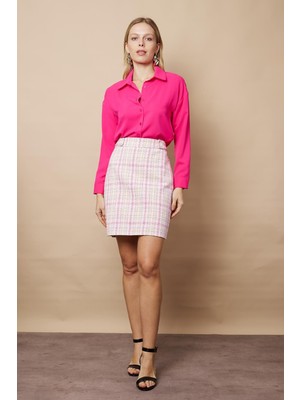 Kadın Iç Astarlı Simli Tuvit Kumaş Yüksek Bel Kemeri Apoletli Düğmeli Hafif Mini Diz Üstü Kalem Etek-Krem Ekose