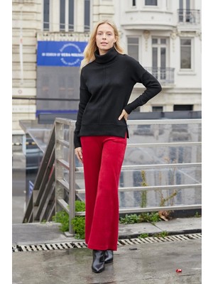 Kadın Likralı Yumuşak Dokulu Kadife Kumaş Yüksek Bel Yan Cepli Bol Paça Palazzo Pantolon-Şarap