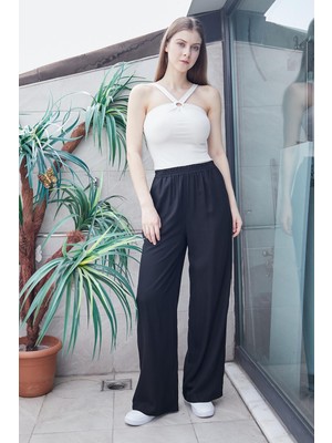 %100  Iyocell Akıcı Şık Kumaş Yüksek Bel Beli Lastikli Yan Cepli Bol Paça Pantolon -Siyah