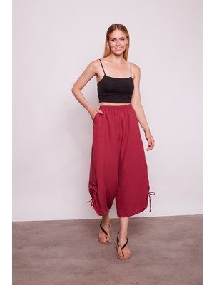 Iç Göstermez Viskon Poplin Yüksek Bel Bol Paça Büzgülü Pantolon -Vişne
