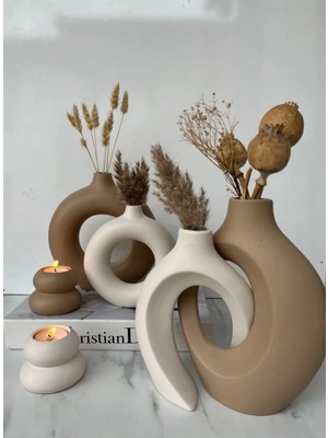 Bohem Tarz Dekoratif 6 Parça Vazo Takımı Mumluklu 2'li Sevgili Sarmaşık Vazo 2'li Halka Vazo 2'li Mumluk Ev Dekorasyon Ürünü ,hediyelik Eşya, Kahve & Bej Rengi