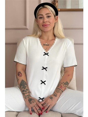 Pijama Evi Beyaz delicato kısa kol kadın pijama takımı fiyonklu düz desen yazlık konfor