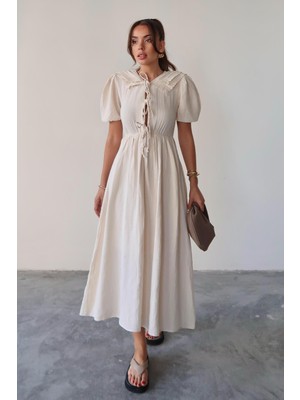 Bağcık Detaylı Beli Büzgülü Müslin Elbise Bej 9362-E