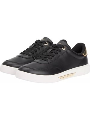 Kadın Altın Rengi Detaylı Kort Sneaker - Siyah