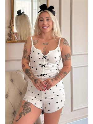 Pijama Evi Nero Cuore Pigiama Desenli Dantelli Örme Askılı Şortlu Kadın Pijama Takımı