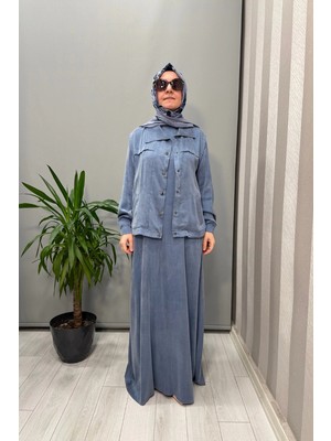 Al-Marwah Yelekli Cupra Ipek Elbise Mavi 202781