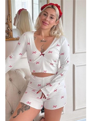Pijama Evi Beyaz Fiocco Pigiama Desenli Dantelli Örme Uzun Kol Şortlu Kadın Pijama Takımı
