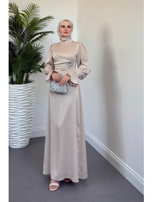 Senoria Yandan Taşlı Abiye Krem