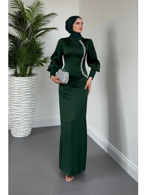 Nigina Yandan Taşlı Kalem Abiye Zümrüt