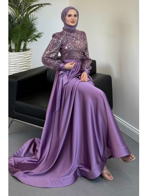 Elena Üstü Payetli Saten Abiye Lila