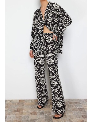 Moda Etnik Gömlek Yaka Casual Günlük Etnik Desenli Viskon Kumaşlı Dokuma Alt-Üst Takım