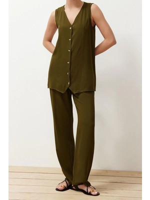 Moda Dokuma Düz V Yaka Casual Günlük Düğmeli V Yaka Geniş Kesim Yelek Pantolon Dokuma Alt-Üst Takım