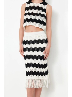 Moda Triko Çizgili Bisiklet Yaka Casual Günlük Ekru Triko Alt-Üst Takım