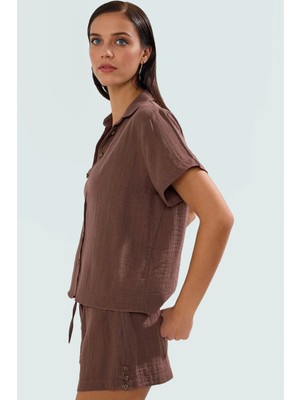 Yazlık Plaj Takımı Kısa Kollu Gömlek Yaka Müslin Şort Pamuk Rahat Kalıp Kullanım