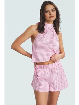 Yazlık Plaj Takımı Ekose Gofre Dokuma Bluz Şort Profesyonel Görünüm Dayanıklı Malzeme