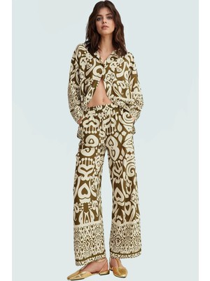 Viskoz Dokuma Takım Elbise Yüksek Bel Geniş Paça Şal Desen Premium Kalite Uzun Ömürlü