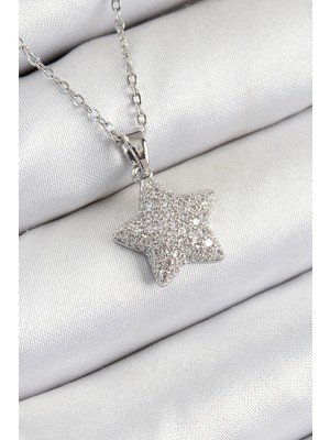 Toptan Bulurum 316L Çelik Zirkon Taşlı Yıldız Model Gümüş Renk Kadın Kolye