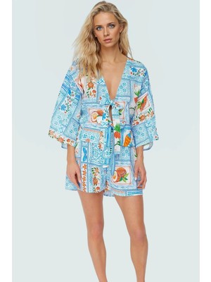 Rahat Pamuklu V Yaka Plaj Takımı Tropikal Desenli Şort ve Gömlek Trend Tasarım Şık