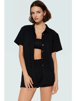 Kısa Kollu Oversize Keten Karışımlı Şort Takım Plaj ve Günlük Kullanım Için