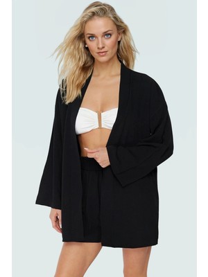 Rahat Yazlık Şortlu Kimono Takım Dokuma V Yaka Plaj Modası Mükemmel Uyum Trend Tasarım