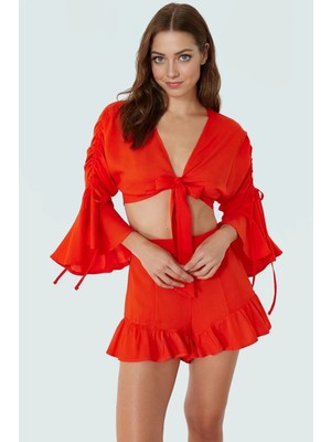 Büzgülü Fırfırlı Bluz Şort Takım Viskoz Kumaş Yazlık Plaj Modası Özenle Seçilmiş