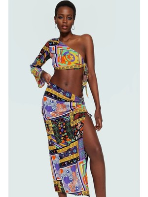 Rahat Etnik Desenli Viskoz Plaj Takımı; Tek Omuzlu Bluz ve Boru Paça Etek Şık Görünüm Özel Tasarım