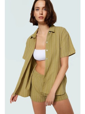 Kısa Kollu Oversize Keten Karışımlı Şort Takım Plaj ve Günlük Kullanım Için