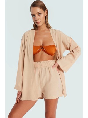 Rahat Yazlık Şortlu Kimono Takım Dokuma V Yaka Plaj Modası Mükemmel Uyum Trend Tasarım