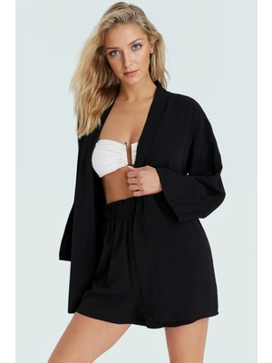 V Yaka Uzun Kollu Kimono Şort Takım Viskoz Polyester Yazlık Plaj Ömürlü Kaliteli Işçilik
