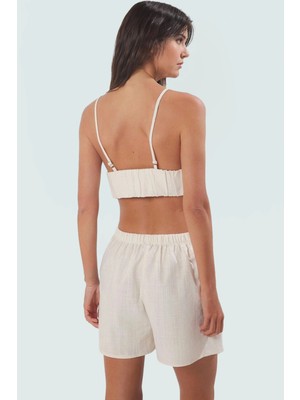 Ponpon Detaylı Keten Görünümlü Pamuklu Plaj Takımı Profesyonel Görünüm