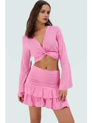 Dokuma Viskoz Kumaştan Etnik Desenli Bluz Etek Takım Plaj ve Günlük Kullanım Özenle Seçilmiş