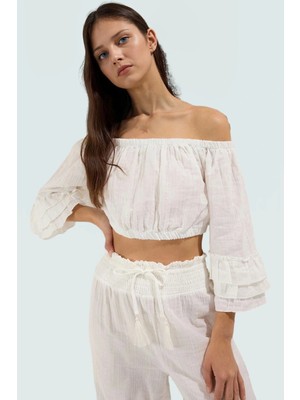 FRM Rahat ve Şık Plaj Takımı Pamuklu Bluz Pantolon Carmen Yaka Uzun Kollu Kaliteli Işçilik