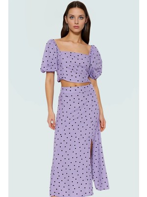 Viskoz Dokuma Puantiyeli Bluz Etek Takım Midi Boy Yırtmaçlı Uzun Ömürlü Dayanıklı Malzeme