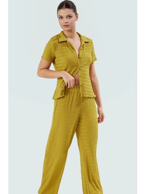 Nefes Alan Yazlık Takım Gofre Dokulu Örme Bluz ve Pantolon Rahat Şık Kaliteli Işçilik