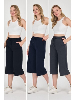 Yüksek Bel Cepli Rahat Kesim Mevsimlik Kadın Diz Altı 3'lü Bermuda Siyah-Lacivert-Antrasit Kapri Şort