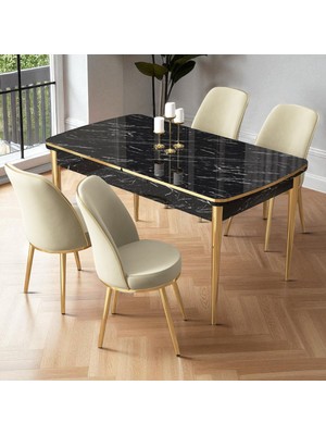 Nira Serisi 70X114 Mdf Siyah Mermer Desen Mutfak Masa Takımı 4 Krem Sandalye Gold Detay