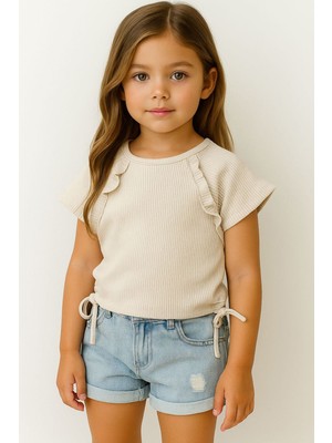 Miniğimin Cicileri Yandan Bağlama Detaylı Kaşkorse Kız çocuk crop - Taş