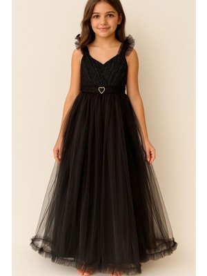 Miniğimin Cicileri Kalp Broş Askılı Detaylı Payetli Tük Kız çocuk abiye - Siyah