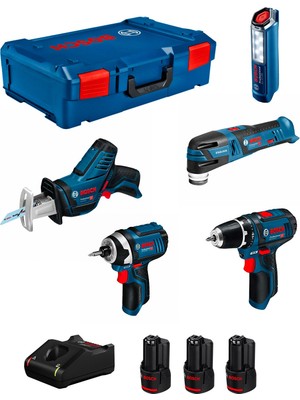 Bosch 12 Volt 5 Li Akülü Set (Gsr 12V-15 + Gop 12V-28 + Gdr 12V-105 + Gsa 12V-14 + Glı 12V-300 + 3 x 2,0 Ah + Gal 12V-40 + L-Boxx Xl)