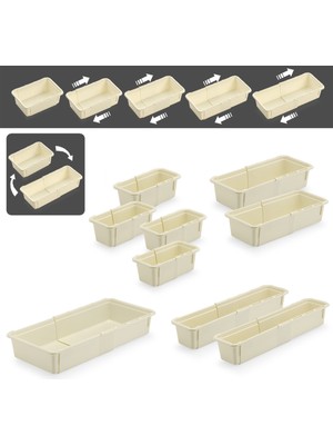 9'lu Ayarlanabilir Kaşıklık Seti - Uzayabilen Çekmece Içi Modüler Düzenleyici Mutfak Organizer Bej